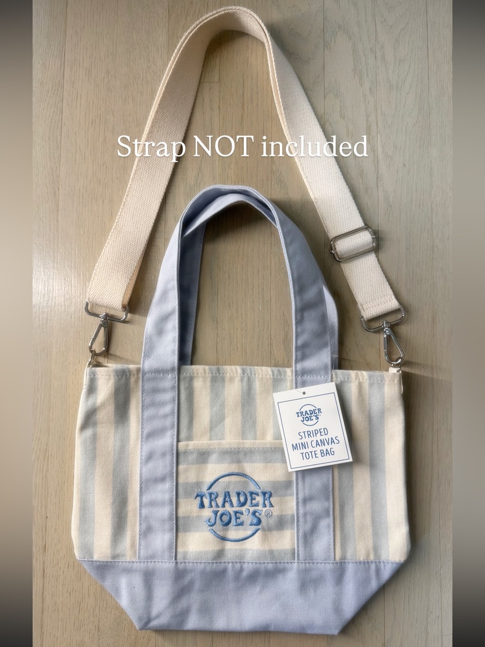 Trader Joe's Canvas Mini striped Pastel blue Tote Bags Foldable D-ring NO strap